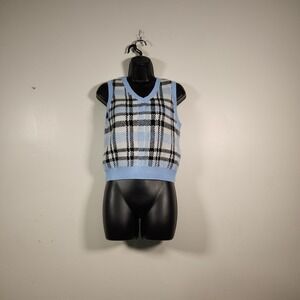 NO BO NO BOUNDARIES Sweater Vest Juniors M White Blue Plaid Preppy Academia Cozy